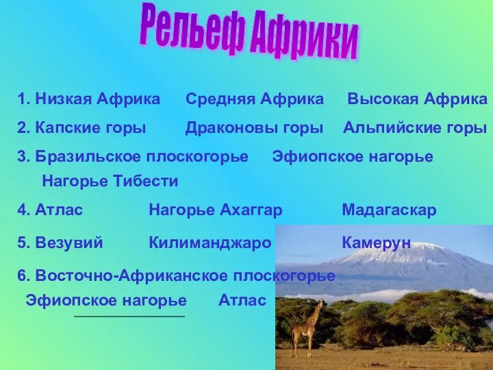 1. Низкая Африка Рельеф Африки Средняя Африка Высокая Африка 2. Капские