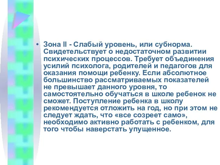 Зона II - Слабый уровень, или субнорма. Свидетельствует о недостаточном развитии