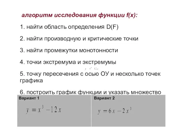 алгоритм исследования функции f(x): 1. найти область определения D(F) 2. найти