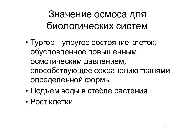 Значение осмоса для биологических систем Тургор – упругое состояние клеток, обусловленное