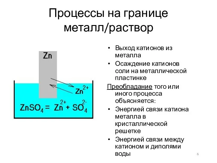 Процессы на границе металл/раствор Выход катионов из металла Осаждение катионов соли