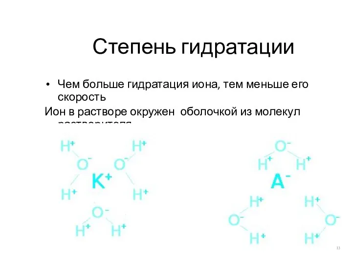 Степень гидратации Чем больше гидратация иона, тем меньше его скорость Ион