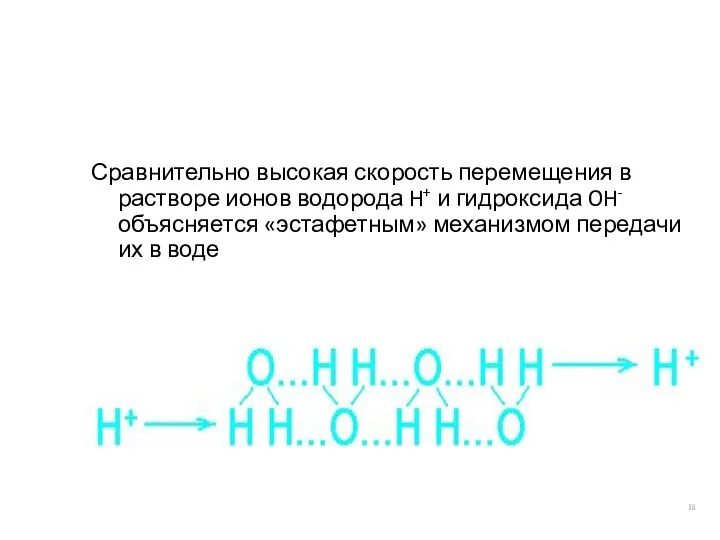 Сравнительно высокая скорость перемещения в растворе ионов водорода H+ и гидроксида