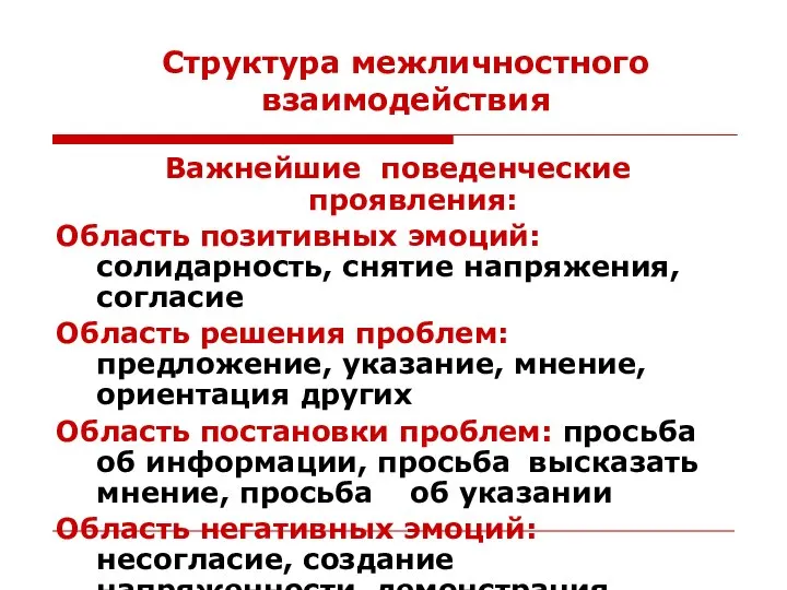 Важнейшие поведенческие проявления: Область позитивных эмоций: солидарность, снятие напряжения, согласие Область