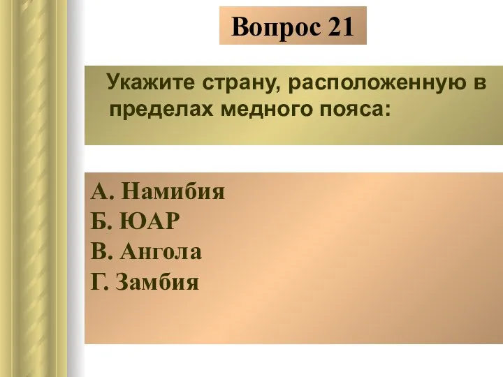 Вопрос 21 Укажите страну, расположенную в пределах медного пояса: А. Намибия