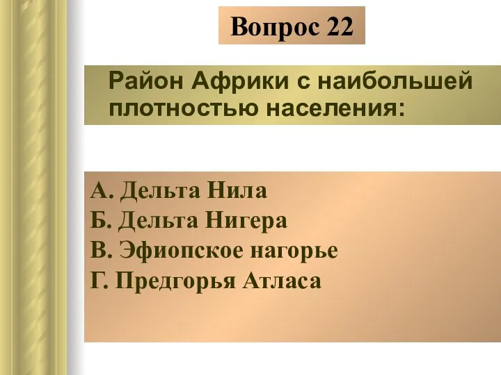 Вопрос 22 Район Африки с наибольшей плотностью населения: А. Дельта Нила