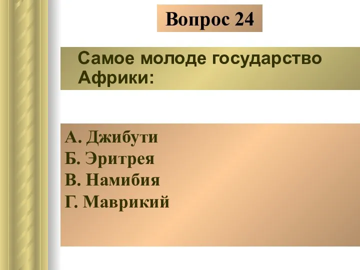 Вопрос 24 Самое молоде государство Африки: А. Джибути Б. Эритрея В. Намибия Г. Маврикий