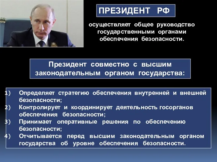 Определяет стратегию обеспечения внутренней и внешней безопасности; Контролирует и координирует деятельность