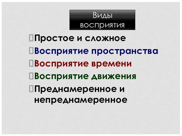 Простое и сложное Восприятие пространства Восприятие времени Восприятие движения Преднамеренное и непреднамеренное Виды восприятия