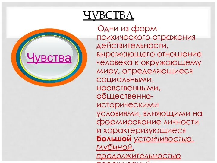 ЧУВСТВА Одни из форм психического отражения действительности, выражающего отношение человека к