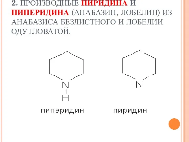 2. ПРОИЗВОДНЫЕ ПИРИДИНА И ПИПЕРИДИНА (АНАБАЗИН, ЛОБЕЛИН) ИЗ АНАБАЗИСА БЕЗЛИСТНОГО И ЛОБЕЛИИ ОДУТЛОВАТОЙ.