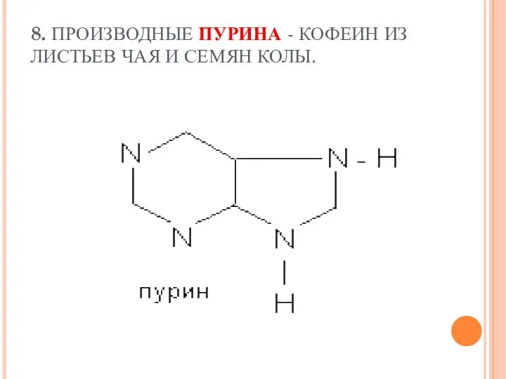 8. ПРОИЗВОДНЫЕ ПУРИНА - КОФЕИН ИЗ ЛИСТЬЕВ ЧАЯ И СЕМЯН КОЛЫ.