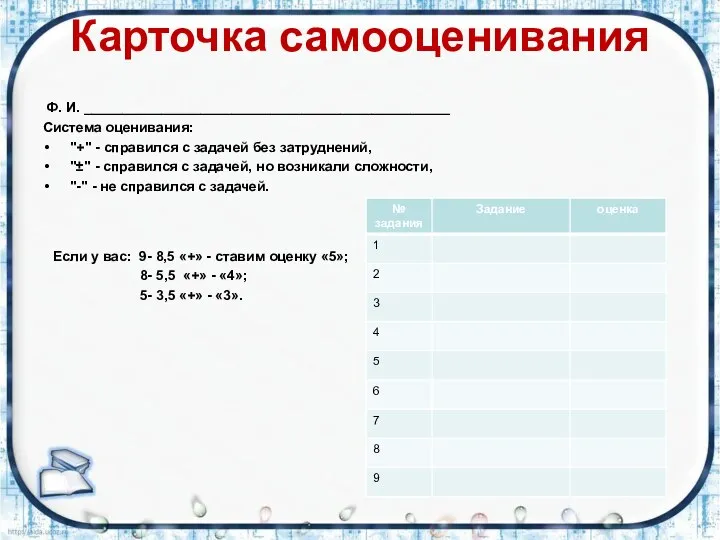 Карточка самооценивания Ф. И. _______________________________________________ Система оценивания: "+" - справился с