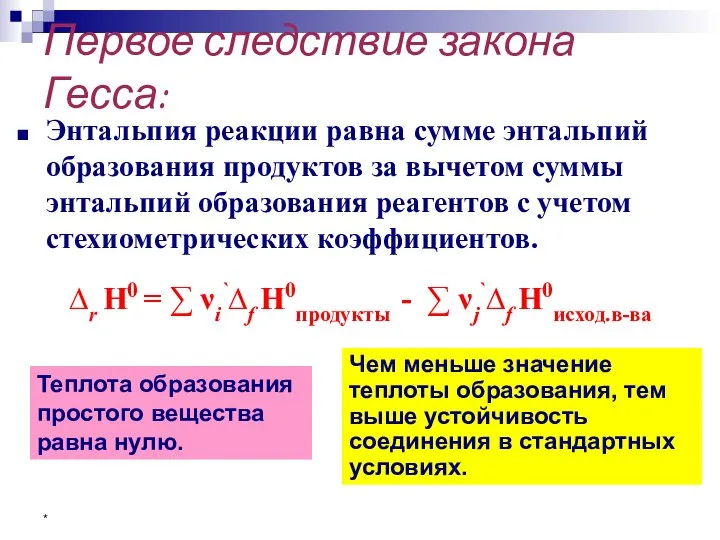 * Первое следствие закона Гесса: Энтальпия реакции равна сумме энтальпий образования