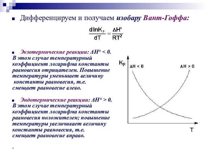 * Дифференцируем и получаем изобару Вант-Гоффа: Экзотермические реакции: ΔH° В этом