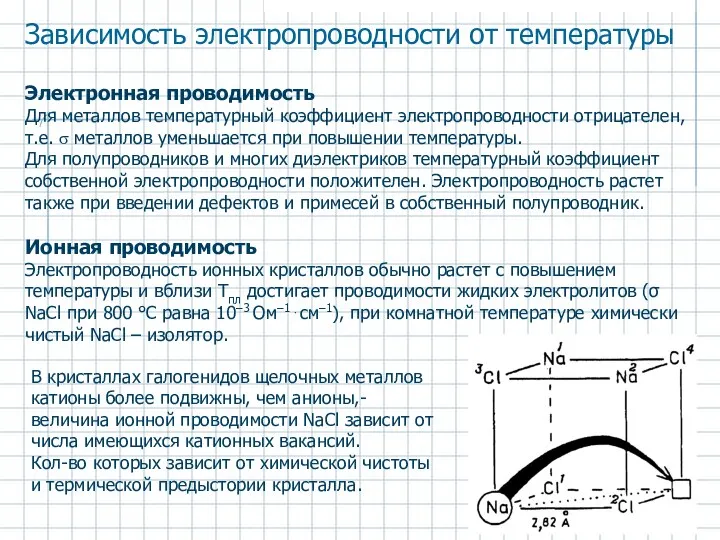 Зависимость электропроводности от температуры Электронная проводимость Для металлов температурный коэффициент электропроводности