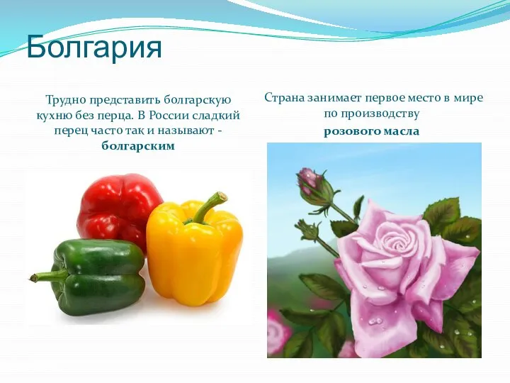 Болгария Трудно представить болгарскую кухню без перца. В России сладкий перец