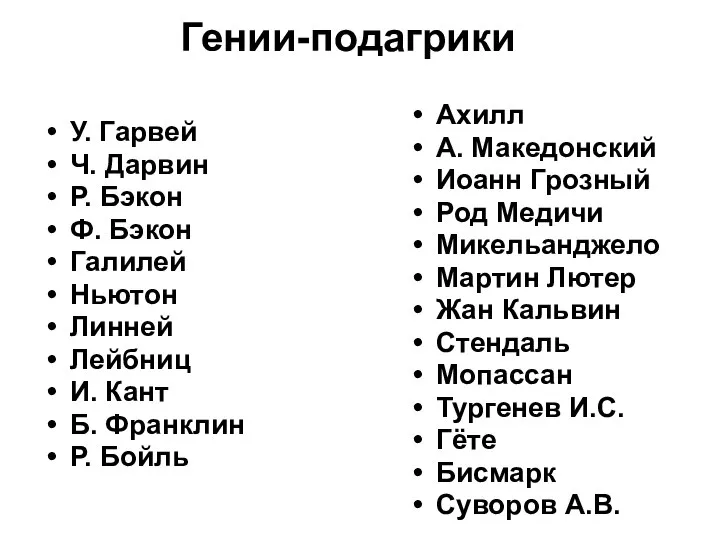 Гении-подагрики У. Гарвей Ч. Дарвин Р. Бэкон Ф. Бэкон Галилей Ньютон