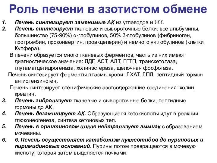 Роль печени в азотистом обмене Печень синтезирует заменимые АК из углеводов