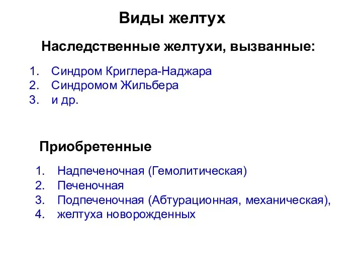 Виды желтух Наследственные желтухи, вызванные: Приобретенные Надпеченочная (Гемолитическая) Печеночная Подпеченочная (Абтурационная,