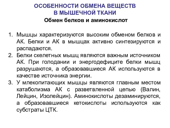 ОСОБЕННОСТИ ОБМЕНА ВЕЩЕСТВ В МЫШЕЧНОЙ ТКАНИ Обмен белков и аминокислот Мышцы