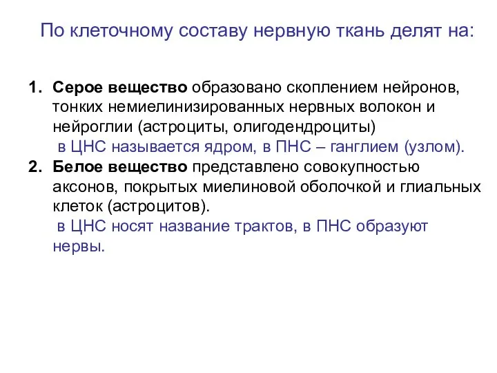 Серое вещество образовано скоплением нейронов, тонких немиелинизированных нервных волокон и нейроглии