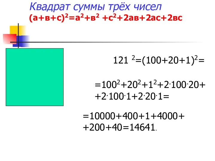 Квадрат суммы трёх чисел (а+в+с)2=а2+в2 +с2+2ав+2ас+2вс 121 2=(100+20+1)2= =1002+202+12+2.100.20+ +2.100.1+2.20.1= =10000+400+1+4000+ +200+40=14641.