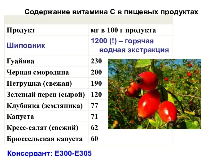 Содержание витамина С в пищевых продуктах Консервант: Е300-Е305