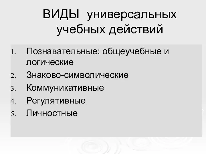 ВИДЫ универсальных учебных действий Познавательные: общеучебные и логические Знаково-символические Коммуникативные Регулятивные Личностные