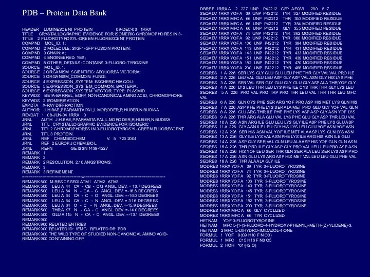 PDB – Protein Data Bank HEADER LUMINESCENT PROTEIN 09-DEC-03 1RRX TITLE