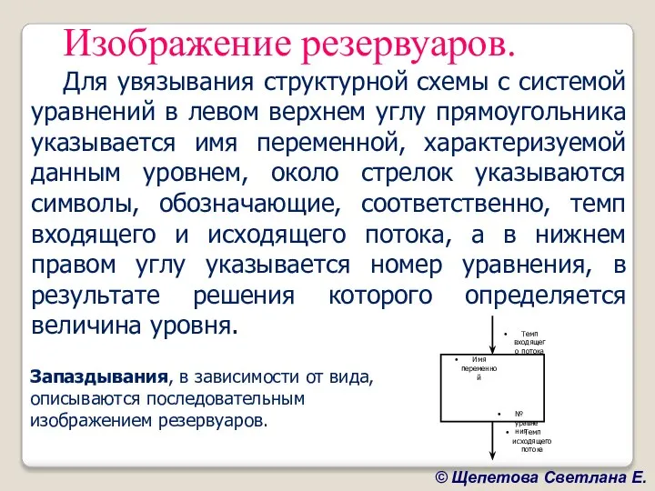 Изображение резервуаров. Для увязывания структурной схемы с системой уравнений в левом