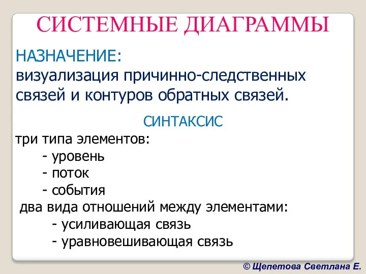 СИСТЕМНЫЕ ДИАГРАММЫ НАЗНАЧЕНИЕ: визуализация причинно-следственных связей и контуров обратных связей. СИНТАКСИС