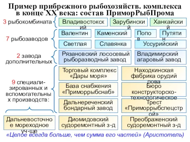 Пример прибрежного рыбохозяйств. комплекса в конце ХХ века: состав ПриморРыбПрома Владивостокский