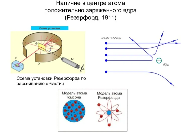 Наличие в центре атома положительно заряженного ядра (Резерфорд, 1911) Схема установки Резерфорда по рассеиванию α-частиц