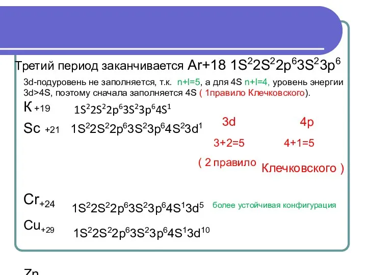 Третий период заканчивается Ar+18 1S22S22p63S23p6 3d-подуровень не заполняется, т.к. n+l=5, а