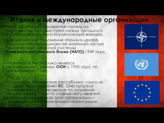 Италия и международные организации Географическое положение страны на перекрестке торговых путей