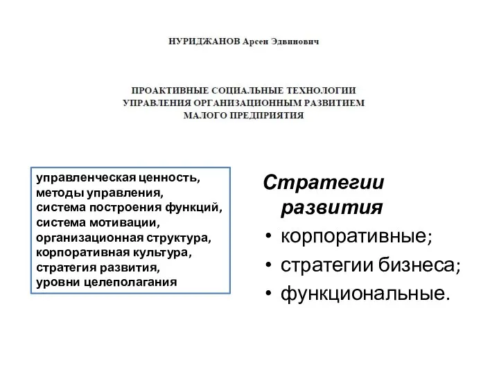 Стратегии развития корпоративные; стратегии бизнеса; функциональные. управленческая ценность, методы управления, система