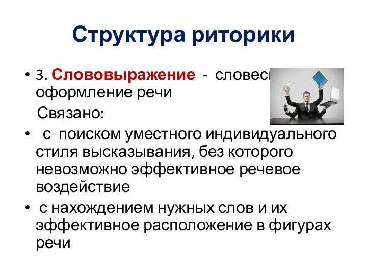 Структура риторики 3. Слововыражение - словесное оформление речи Связано: с поиском