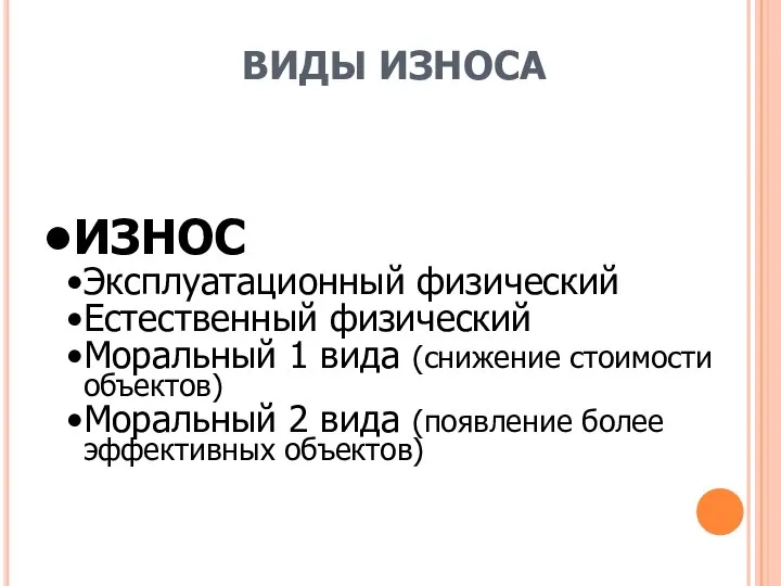 ВИДЫ ИЗНОСА ИЗНОС Эксплуатационный физический Естественный физический Моральный 1 вида (снижение