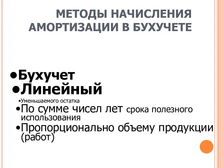 МЕТОДЫ НАЧИСЛЕНИЯ АМОРТИЗАЦИИ В БУХУЧЕТЕ Бухучет Линейный Уменьшаемого остатка По сумме