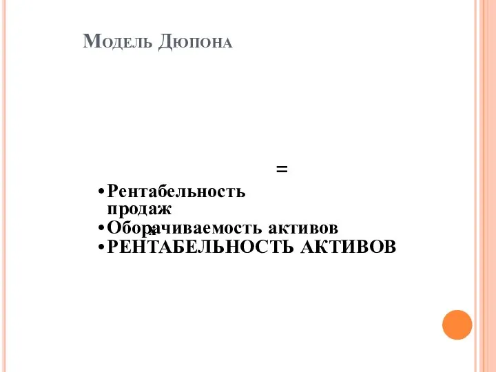 Модель Дюпона Рентабельность продаж Оборачиваемость активов РЕНТАБЕЛЬНОСТЬ АКТИВОВ х =