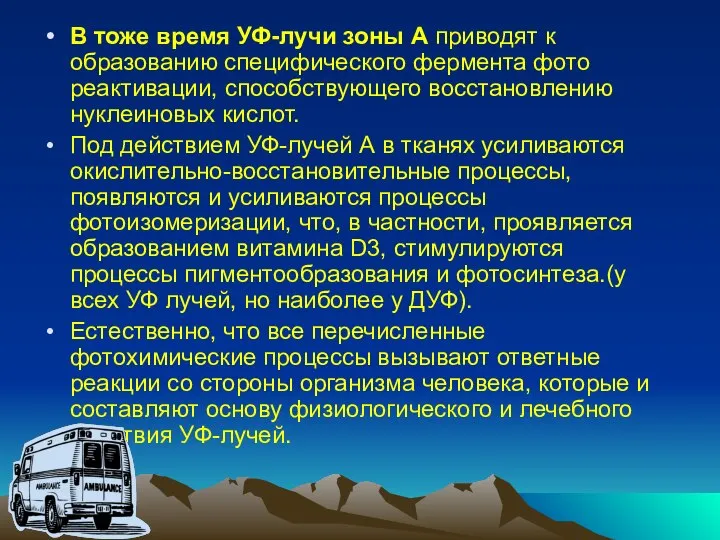 В тоже время УФ-лучи зоны А приводят к образованию специфического фермента