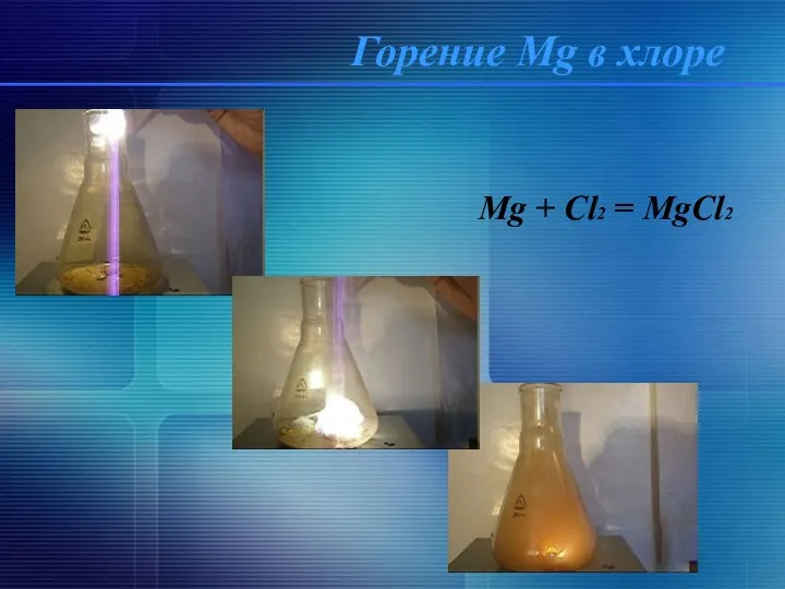 Горение Mg в хлоре Mg + Cl2 = MgCl2