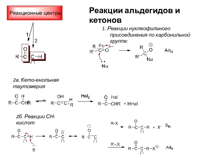 Реакции альдегидов и кетонов 1. Реакции нуклеофильного присоединения по карбонильной группе: