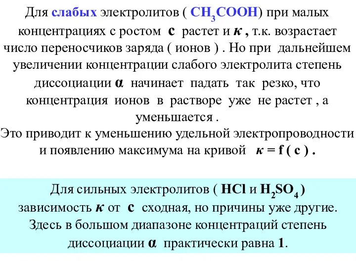 Для слабых электролитов ( CH3COOH) при малых концентрациях с ростом с