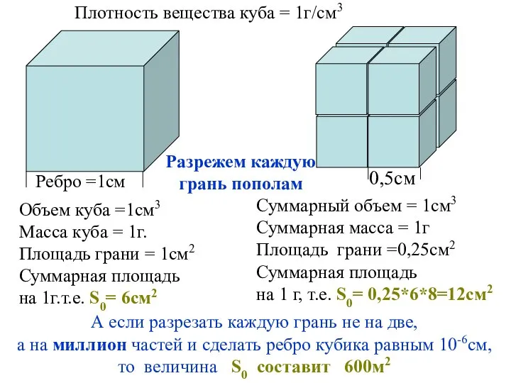 Плотность вещества куба = 1г/см3 Ребро =1см Объем куба =1см3 Масса