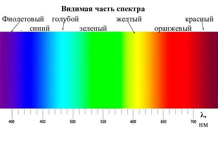 Видимая часть спектра Фиолетовый голубой желтый красный синий зеленый оранжевый λ, нм