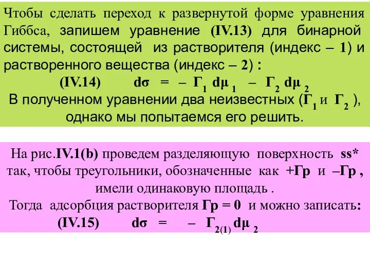 Чтобы сделать переход к развернутой форме уравнения Гиббса, запишем уравнение (IV.13)