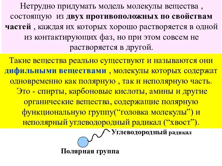 Такие вещества реально существуют и называются они дифильными веществами , молекулы