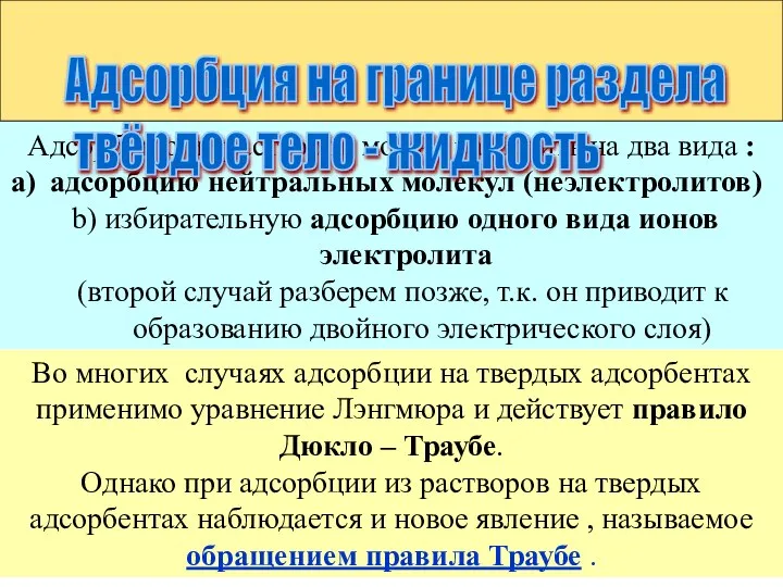 Адсорбцию из растворов можно разделить на два вида : адсорбцию нейтральных